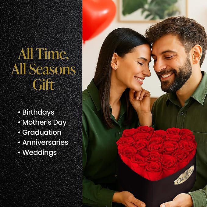 The Eternity Rose 20-Piece Preserved Roses in a Luxury Gift Box – Real Roses in Black Heart Box – A Valentine’s Gift as Everlasting as Your Love