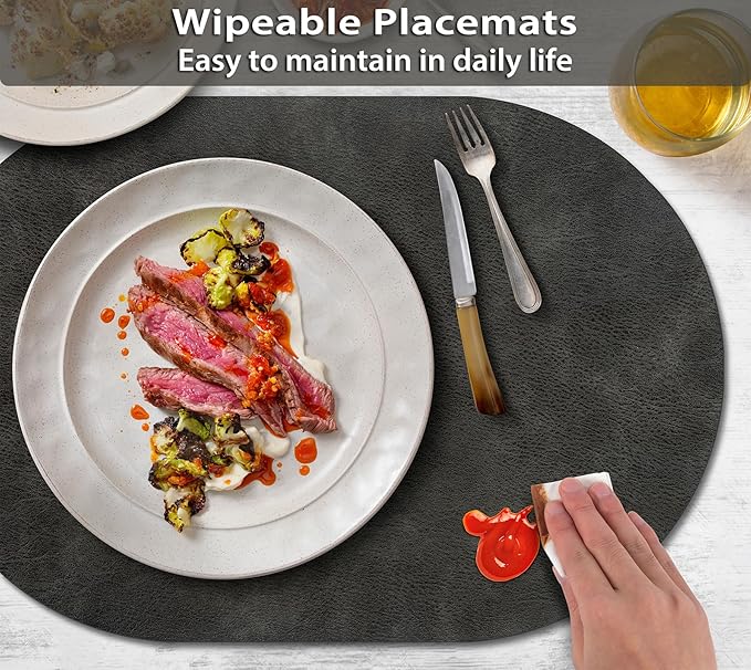 ADRIMER Placemats, Heat Resistant Oval Placemats Set of 4 Washable 12 x 17 Inch, Waterproof Table Mats, Wipeable Pu Place Mats for Kitchen, Dark Grey