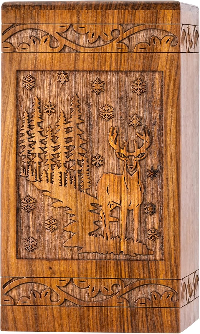 INTAJ Handcarved Rosewood Deer Urn for Human Ashes Adult Male Female - 250 lbs Capacity Forest Scene Wooden Cremation Urn Box Suitable for Burial Funeral Decorative Wildlife Memorial Casket