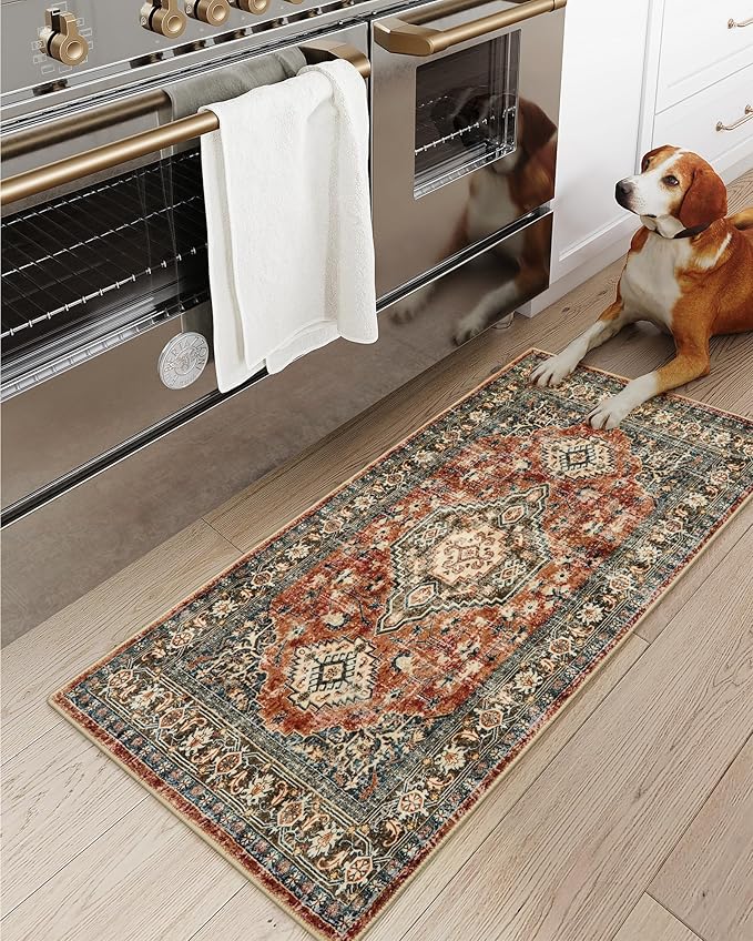 Lahome Oriental Small Area Rug, 2x4 Washable Entryway Rug Non-Slip Ultra-Thin Indoor Door Mat Distressed Throw Carpet for Kitchen Bedroom, Brick Red