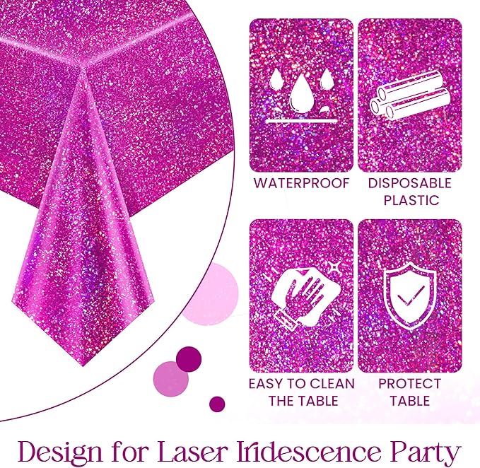 2 Pcs Fuchsia Red Holographic Plastic Tablecloths Laser Table Covers 40" x 108" Foil Disposable Table Cloths for Themed Birthday Party Wedding Christmas Holiday Party Decorations