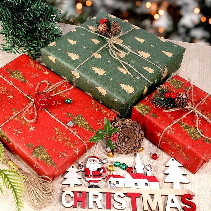 Panigkids Christmas Wrapping Paper(Including Jute Twine), 4 Rolls vintage wrapping paper with Geometric Stripes, Tree & Snowflakes Designs for Christmas Gift Wrap, Thanksgiving & Holiday & Party , 16.9'' x 16.4'