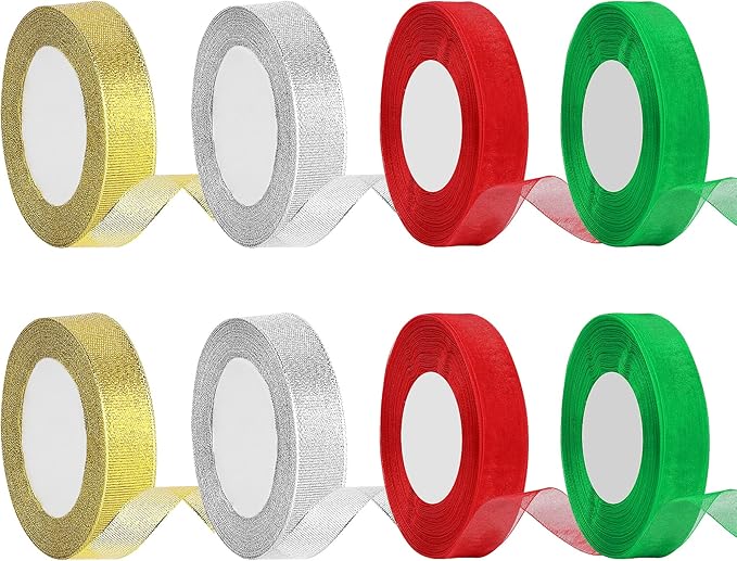 DECYOOL 8 Rolls 300 Yards Christmas Ribbons Metallic Glitter Fabric Organza Holiday Festival Ribbons 4/5" Wide for Gift Wrapping Decoration