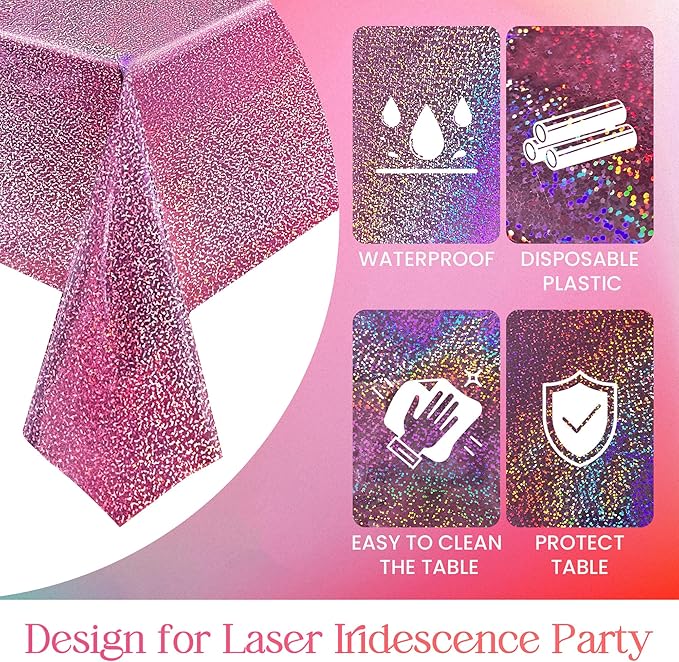 Pink Holographic Laser Tablecloths Hot Pink Shiny Table Covers 40" x 108" Foil Disposable Rectangle Table cloths for Girl Birthday Party Wedding Anniversary Bachelorette Baby Shower Decor