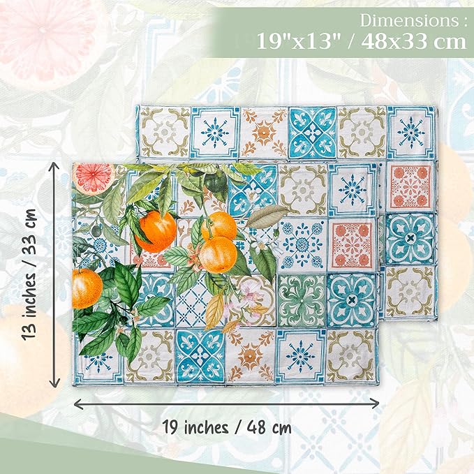 Maison d' Hermine Placemats Set of 4 100% Cotton Washable Cloth Place Mats, Reusable Table Mats for Kitchen Dining Decoration, Party, Wedding, Restaurant Spring/Summer (Agrume, 13" x 19")