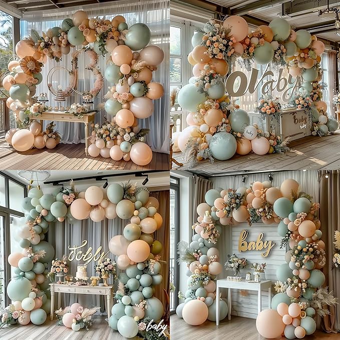 Sage Green Balloons,50Pcs 12 Inch Pastel Pink and Dusty Green Nude Sand White Boho Balloons with Ribbon for Girls Women Birthday Bridal Shower Wedding Tea Party Decorations