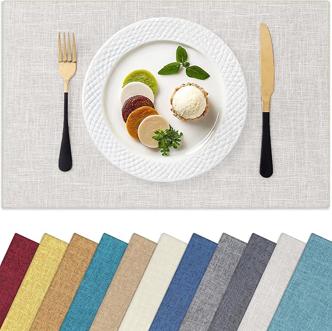 Homaxy Cloths Placemats for Dining Table Set of 6, Heat Resistant Washable Cotton Linen Blend Table Mats, Easy to Clean Place Mats for Indoor Outdoor Party Kitchen Decoration, 13" x 19", Beige