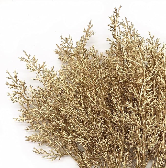 PASYOU Golden Fake Plants, Artificial Flowers Decoration for Christmas Antlers Grass Plastic Faux DIY Crafts Indoor Outdoor Home Garden Party Room Bedroom Wedding Table Centerpiece Decor, Gold 4 Pack