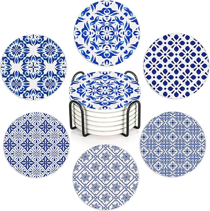 Drink Coasters Set of 6 with Holder, Handpainted Blue Pattern Absorbent Ceramic Coasters with Cork Base,Fit All Cups,Great Gift for Housewarming,Room Decor,Bar,Holiday Party