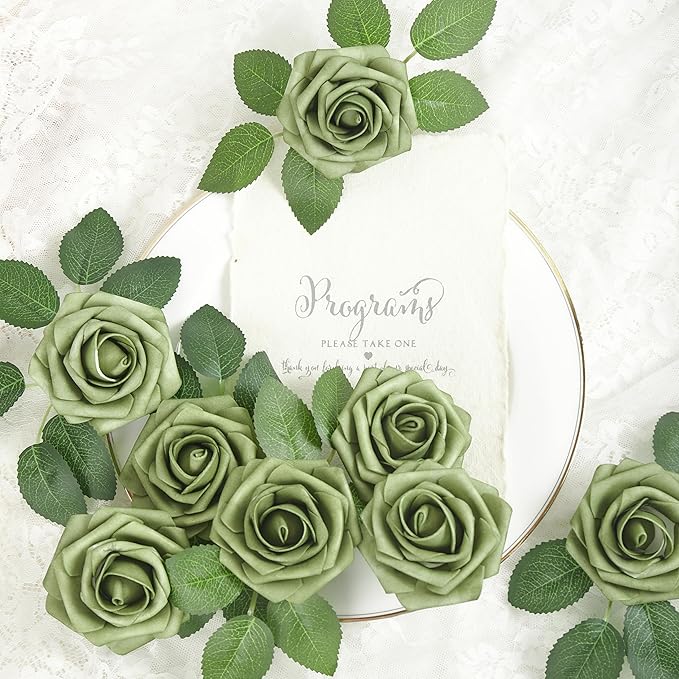 Artificial Flowers, 25pcs Artificial Rose for DIY Wedding Bouquets Centerpieces Flowers Arrangements, Elf Green Fake Flowers with Stems for Bridal Shower Graduation Events Decoration