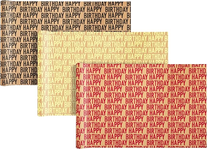SHUCHING Birthday Gift Kraft Wrapping Paper Roll, Perfect Design for Baby Kids Girl Boy Men Women, 3 Rolls, 17 Inch X 9.8 Feet per Roll