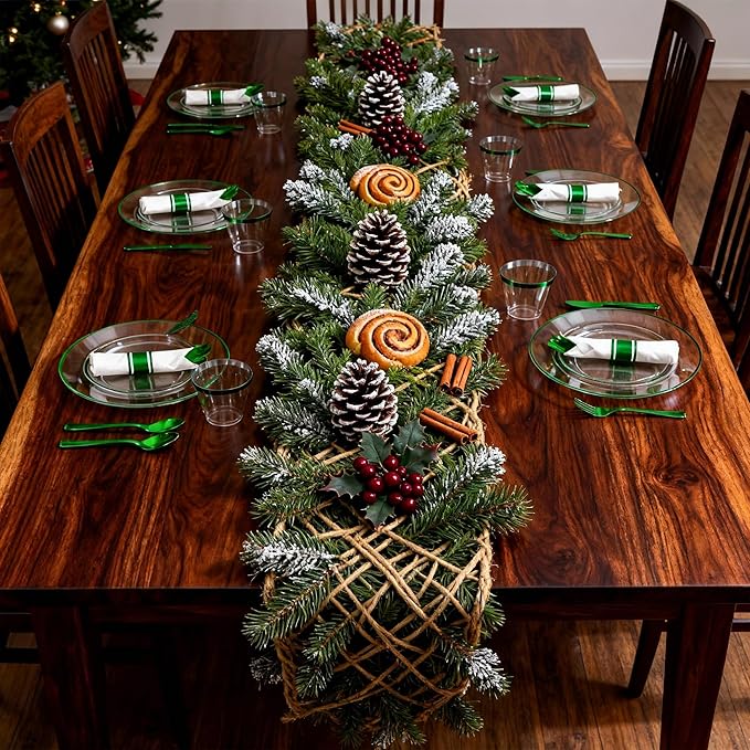 SUT 350 Pcs Green and Clear Plastic Dinnerware Set for 50 Guests, Include: 50 Dinner Plates, 50 Dessert Plates, 50 Pre Rolled Napkins With Silverware, 50 Cups, Disposable Plates for Party, Christmas