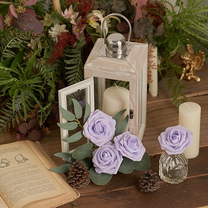 Artificial Flowers, 25pcs Artificial Rose for DIY Wedding Bouquets Centerpieces Arrangements, Purple Foam Rose with Stem for Bridal Shower Party Home Decorations