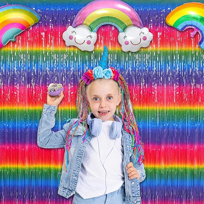 Gradient Colorful Party Streamers Backdrop - GREATRIL Party Backdrop Curtains for Candyland/Unicorn/Neon Glow/Rainbow Themed Birthday Decorations - 1m x 2.5m - Pack of 2