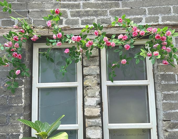 6FT Bendable Pink Rose Flower Garland, Artificial Silk Wild Roses Vine Leaves Hanging Flowers for Wall Fireplace Fence Trellis Wedding Baby Shower Room Home Spring Summer Decor(1PC)