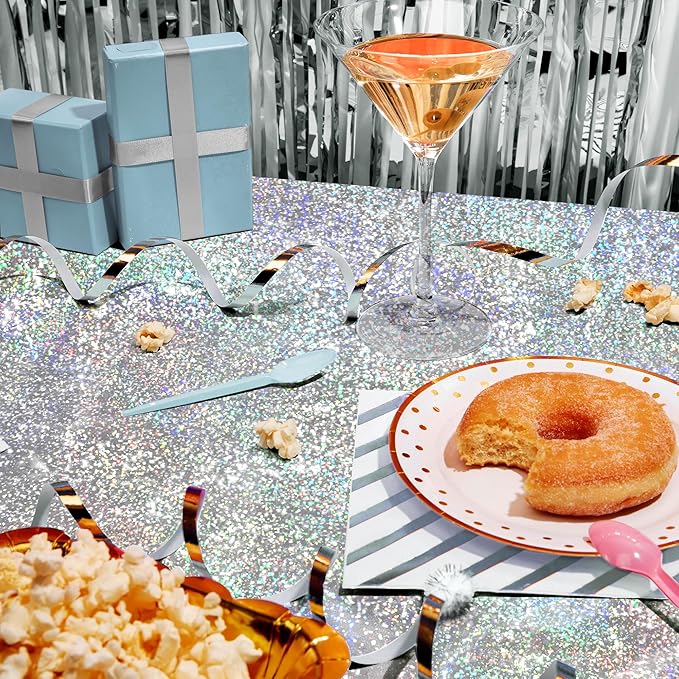 2 pcs Silver Holographic Tablecloths Shiny Disco Laser Table Cloths 40" x 108" Iridescence Plastic White Table Cover for Birthday Party Decoration Wedding Christmas Winter Grad Party Supplies