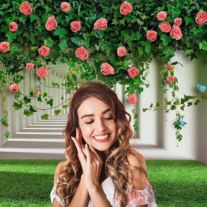 Rose Flowers Backdrop Red Rose Flowers and Green Leaves with Butterflies Photography Background Spring Alley Green Grass Backdrops Outdoor Wedding Party Decorations Photo Studio Props 10x6.5ft