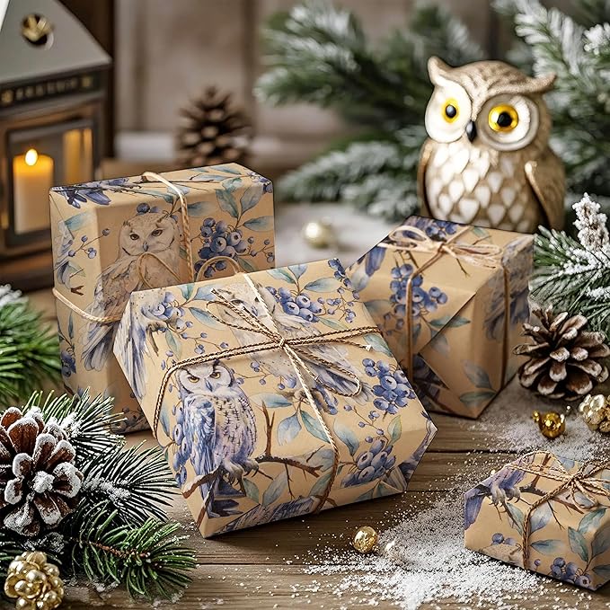 WRAPAHOLIC Kraft Christmas Wrapping Paper - Mini Roll - 17 Inch x 33 Feet - Owl Wrapping Paper Wild Animal Winterfall Watercolor Design for Christmas, Holiday, Party Celebration