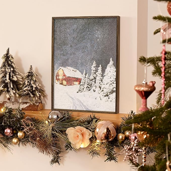 ArtbyHannah Framed Christmas Canvas Wall Art Decor Set of 2, Xmas Pictures Prints Paintings for Living Room Bedroom, Winter Holiday Home Indoor Decorations with Red House and Tree (12x16 Inch)