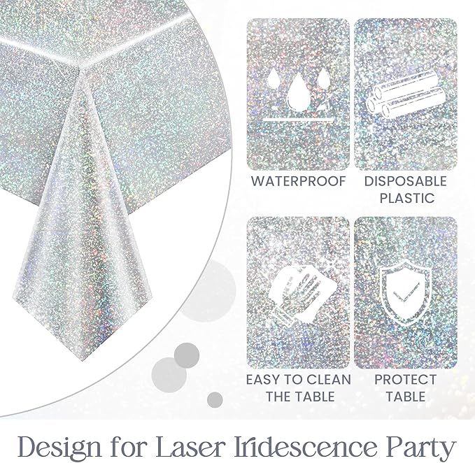 2 pcs Silver Holographic Tablecloths Shiny Disco Laser Table Cloths 40" x 108" Iridescence Plastic White Table Cover for Birthday Party Decoration Wedding Christmas Winter Grad Party Supplies