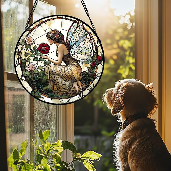 Stained Glass Window Hanging - Butterfly Flower Fairy Suncatcher for Door Terrace Garden Home Decor Yellow Green Plants Sun Catcher Birthday Gifts for Lovers Women Men Dad Mom Nana 7.8 in