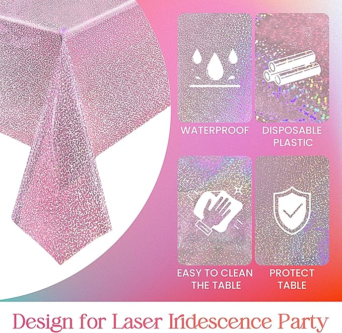 4 pcs Pale Pink Holographic Laser Tablecloths Light Pink Shiny Table Covers 40" x 108" Disposable Rectangle Table cloths for Girl Birthday Party Wedding Anniversary Bachelorette Baby Shower Décor