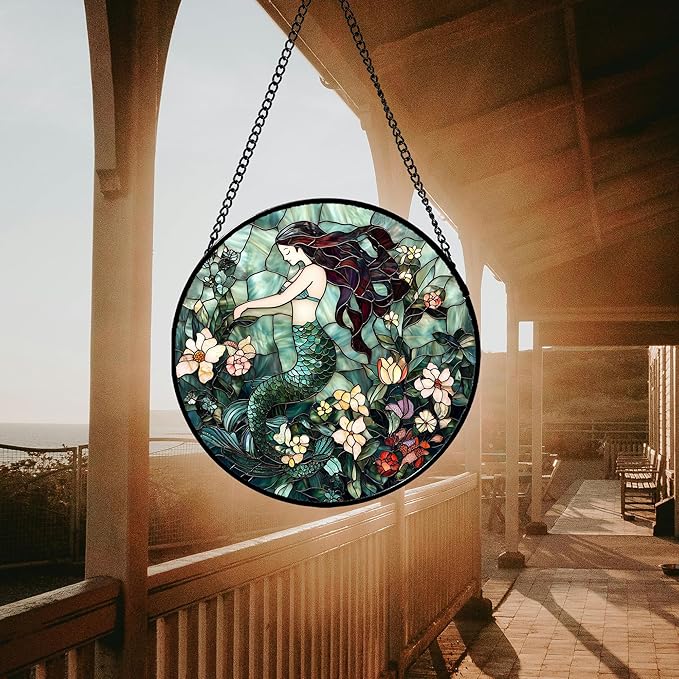 Stained Glass Window Hanging - Teal Sleeping Mermaid Suncatcher for Door Terrace Garden Home Decor, Sea of Flowers Sun Catcher Birthday Gifts for Lovers Women Men Dad Mom Nana 11.8 in