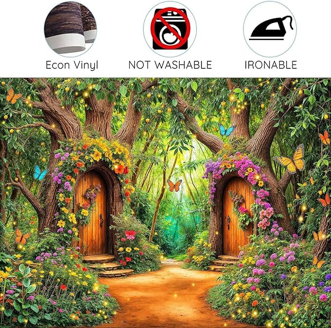 7X5ft Enchanted Forest Backdrop Fairy Tale Green Garden Wonderland Tree House Floral Butterfly Background for Kids Girl Baby Shower Birthday Party Decoration Banner Cake Table Photo Booth Props