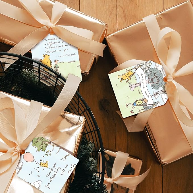 Pro Supply Global 24 Count of 2.5 Inch x 3 Inch Pre Strung Winnie The Pooh Gift Tag Assorted Printed Designs on Large Cardstock Gift Hang Tags - Ideal to Use on Bags
