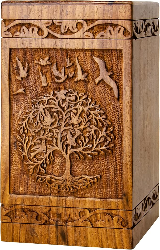 INTAJ Tree of Life Wooden Urn for Human Ashes, 115lbs Capacity, Suitable for Burial for Men, Women, Mom, Dad - Mini Rosewood Keepsake Cremation Urn for Ashes Handcrafted - Wooden Carved Box