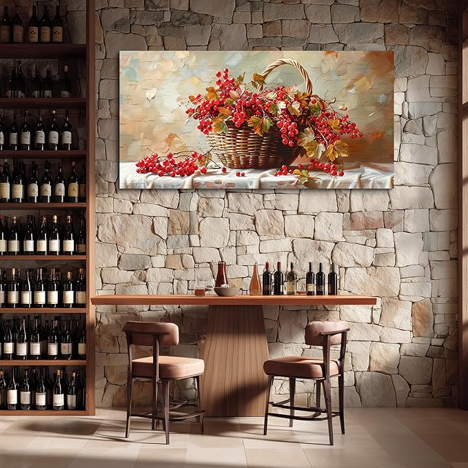 hyidecorart Rustic Dining Room Artwork For Walls Large Canvas Print Wall Art Still Life Bamboo Basket And Fruit Vintage Wall Decor Pictures For Living Room Farmhouse Kitchen Bar Office Posters 24x48