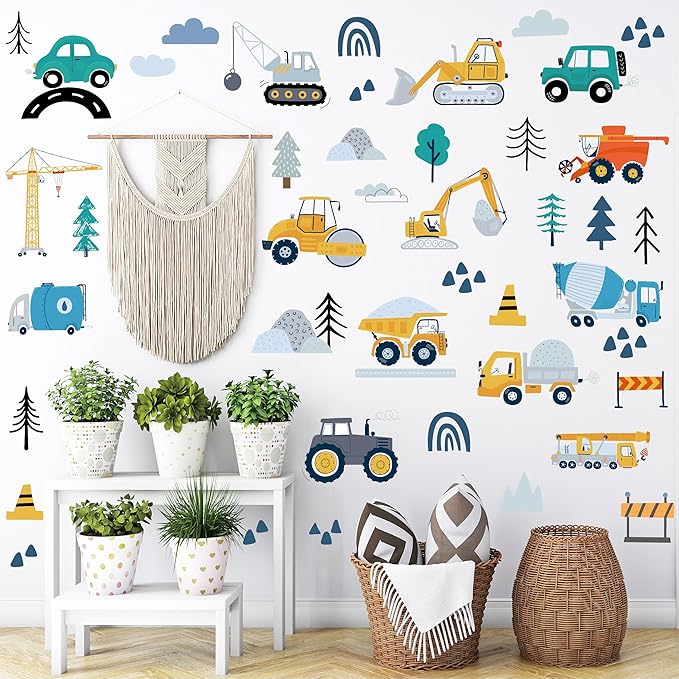 AOWDIAO Construction Vehicle Wall Decals – 90Pcs Reusable Peel and Stick Vinyl Stickers for Kids’ Room, Nursery & Playroom – Removable Truck Decoration for Boys & Toddlers