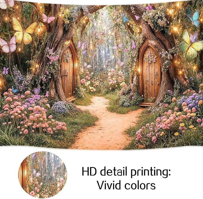7X5ft Enchanted Forest Backdrop Fairy Tale Magic Garden Wonderland Floral Butterfly Photography Background for Kids Girls Baby Shower Birthday Party Decoration Cake Table Photo Booth Props