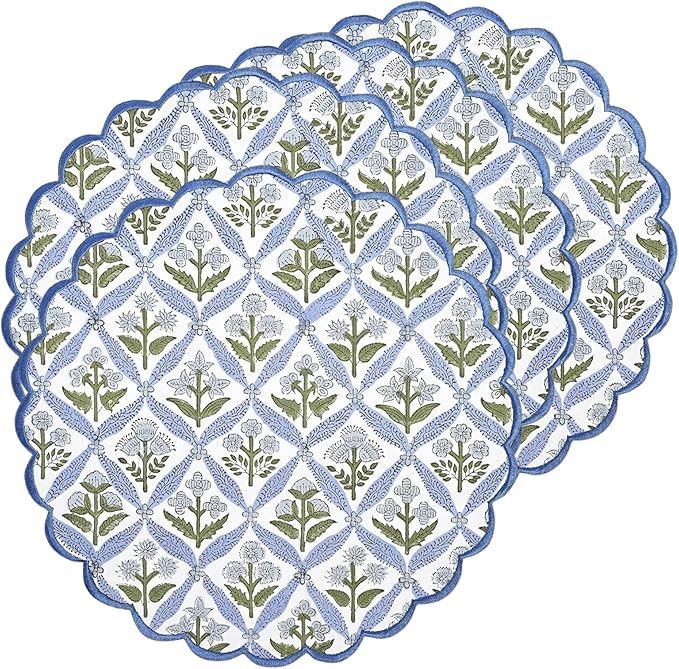 Ridhi Bo-ho Round Place Mat Easter Floral Cotton Washable Placemats 15" Round Embroidery Block Print Table Mat (Pack of 4-15 Inch Round, Light Steel Blue)