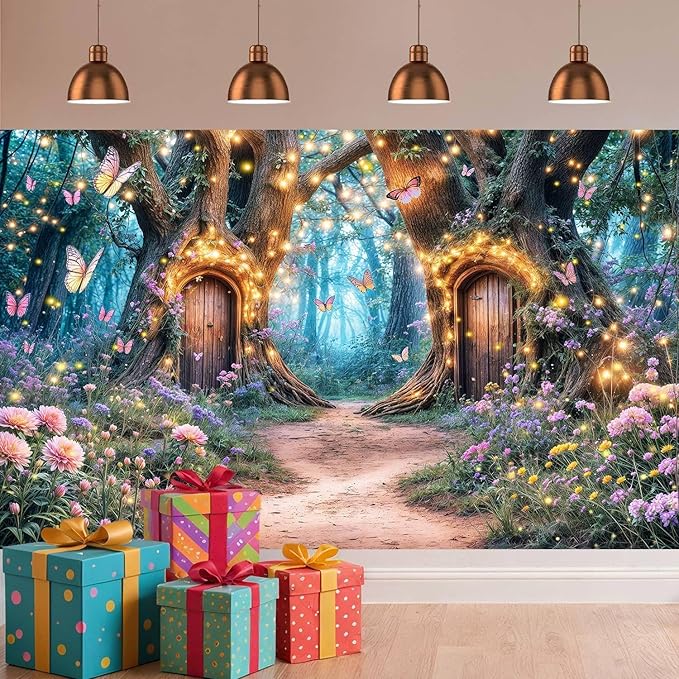 10X8ft Enchanted Forest Backdrop Fairy Enchanted Wonderland Garden Floral Butterfly Photography Background for Kids Girls Baby Shower Birthday Party Decoration Banner Cake Table Photo Booth Props