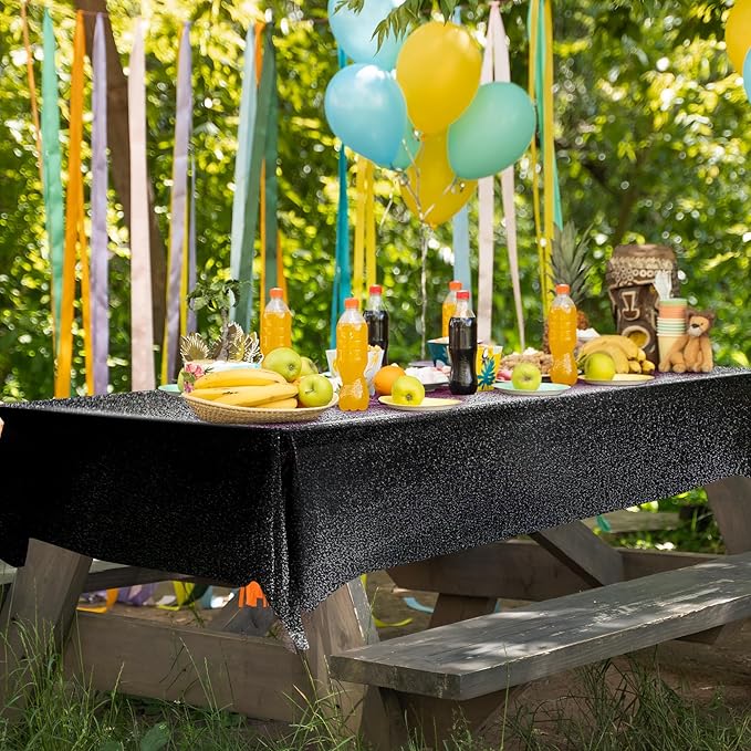 4 Pcs Black Holographic Laser Tablecloth Galaxy Space Table Cloth 40 * 108 Inch Shimmer Star TableCover for Halloween Birthday Graduation Neon Party Supplies Disposable Plastic Foil Table Decor