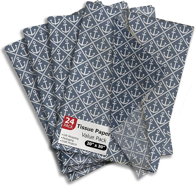 Nautical Anchors Printed Tissue Paper for Gift Bags or Boxes and Wrapping - Bulk Decorative Art Tissue Paper for Packaging and Gifting | 24 Sheets 20" x 30"