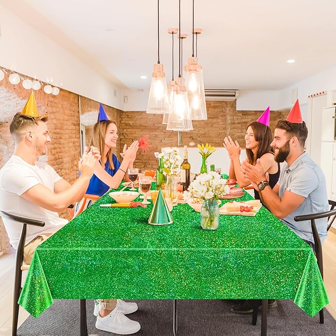 4 pcs Green Holographic Laser Tablecloth 40" x 108" Christmas Table Cloth Shimmer Shining Plastic Metallic Table Cover for Jungle Safari Wild One Baby Shower Birthday Party Decoration Supplies