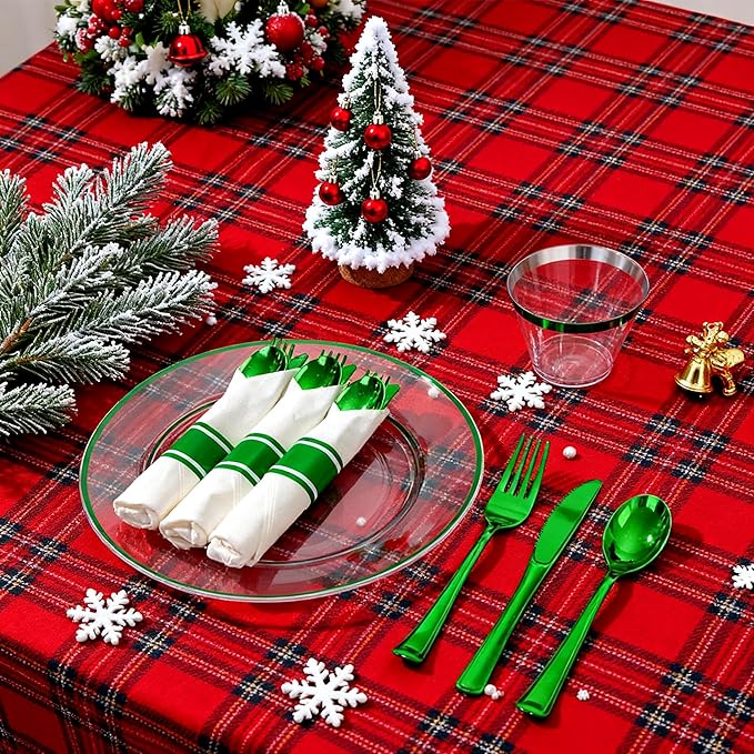 SUT 350 Pcs Green and Clear Plastic Dinnerware Set for 50 Guests, Include: 50 Dinner Plates, 50 Dessert Plates, 50 Pre Rolled Napkins With Silverware, 50 Cups, Disposable Plates for Party, Christmas