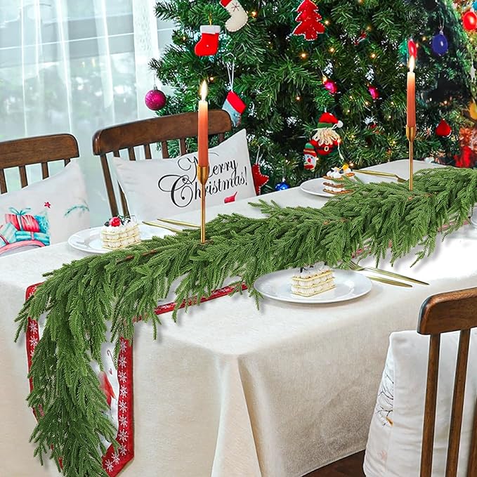 6 Ft Christmas Norfolk Pine Garland Real Touch Artificial Faux Greenery Christmas Garland Decorations for Home Mantle Table Fireplace Stairs Door Indoor Outdoor Holiday Decor