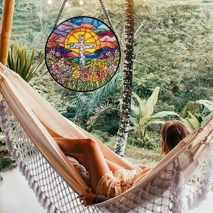 Stained Glass Window Hanging - Cross Flower Sea Sun Catcher for Door Terrace Garden Home Decor, Mountains Landscape Suncatcher Birthday Gifts for Lovers Women Men Dad Mom Nana 7.8 in