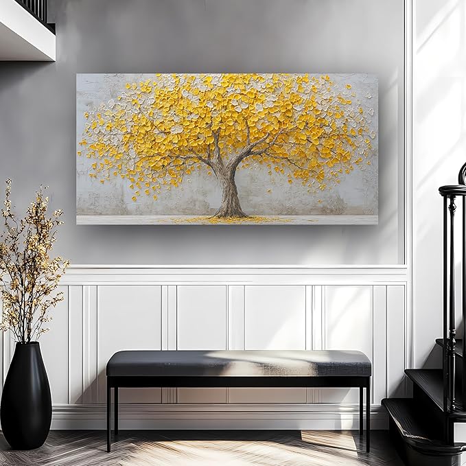 Yellow Abstract Ginkgo Tree Picture Print Canvas Wall Art Living Room Dining Room Office Study Bedroom Wall Decor Wall Art Prints Modern Style Artwork Waterproof Ready to Hang - 20x40 Inch