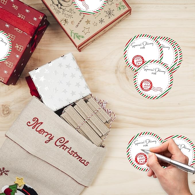 Christmas Gifts Tags Stickers from Santa, 30 Pcs North Pole Christmas Name Tags for Gifts, 2.5x2.5 Inch Holiday Presents Sticker Labels, Festive Chrismas Name Tag for Gift Wrapping Bags-D09