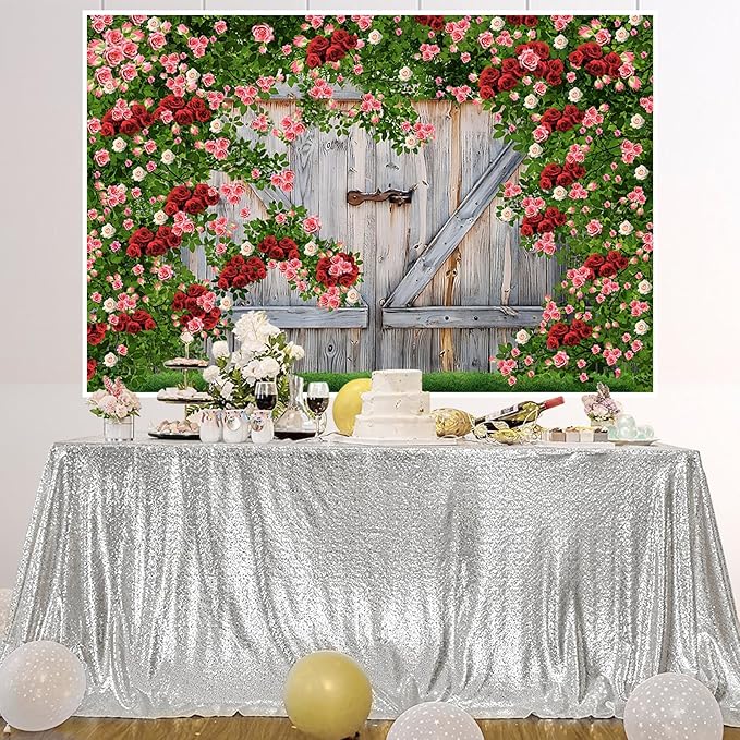 AOFOTO Barn Door Rose Backdrop Rustic Red Pink Beige Flowers Background Romantic Phtography Banner for Anniversary Wedding Decor Photo Studio Photobooth Props 6x4ft