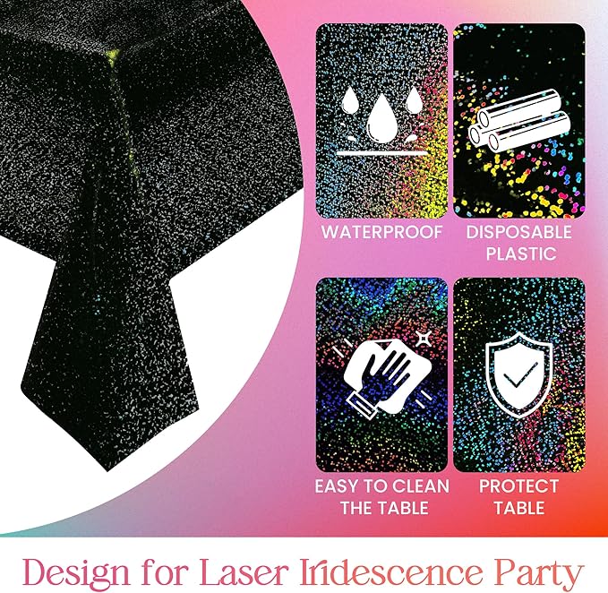 6 Pcs Black Holographic Laser Tablecloths Iridescence Shiny Table Covers 40" x 108" Foil Rectangle Table cloths for Halloween Baby Shower Undersea Ocean Birthday Party Winner Wedding Party Décor
