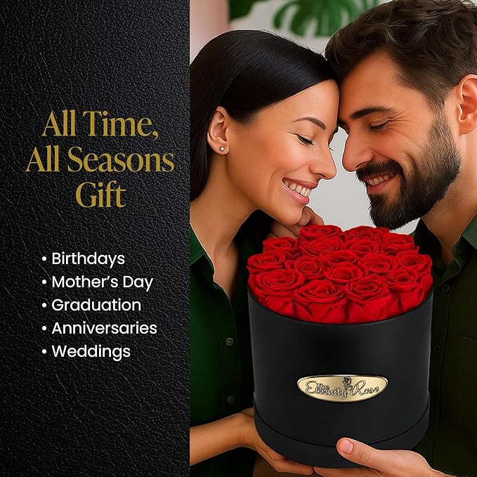 The Eternity Rose 16-Piece Preserved Roses in a Luxury Gift Box – Real Roses in Black Round Box – A Valentine’s Gift as Everlasting as Your Love