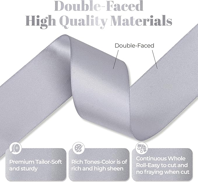 Gray Satin Ribbon, Double Faced 1-1/2 Inch X 50 Yards Gray Ribbon, Premium Satin Ribbon for Gift Wrapping, Crafts, Hair Bow Making, Sewing, Flower Bouquet, Wedding Party Decor