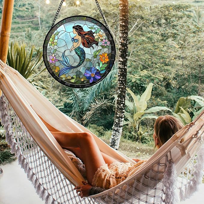 Stained Glass Window Hanging - Light Blue Mermaid Suncatcher for Door Terrace Garden Home Decor, Ocean Flowers Sun Catcher Birthday Gifts for Lovers Women Men Dad Mom Nana 9.8 in