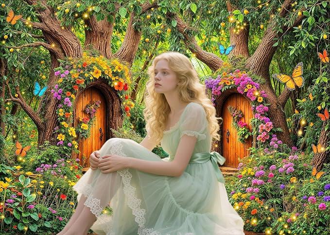 7X5ft Enchanted Forest Backdrop Fairy Tale Green Garden Wonderland Tree House Floral Butterfly Background for Kids Girl Baby Shower Birthday Party Decoration Banner Cake Table Photo Booth Props