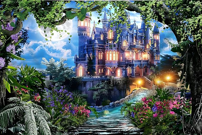 9x6ft Spring Fantasy Castle Palace Backdrop Vinyl Fairy Tale Prince Princess Flower Forest Wonderland Castle Photography Background Girl Home Decor Birthday Party Portrait Photo Props